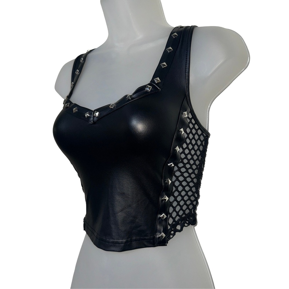 New Small Vegan Leather‎ Goth Sleeveless Mesh Studded Crop Tank Top Bustier - Picture 3 of 5